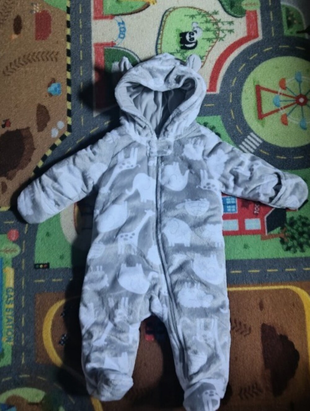 Cozy Gray Bear-Print Fleece One-Piece for Kids 3-6 Months